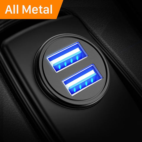 AINOPE Car Charger, 4.8A All Metal Car Charger Adapter Dual USB Port Fast Car Charging Mini Flush Fit Compatible with iPhone Xs max/XR/x/7/6s, iPad Air 2/Mini 3, Note 9/Galaxy S10/S9/S8